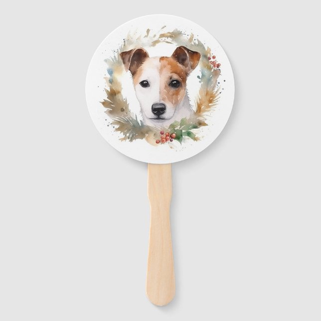 Jack Russell Christmas Wreath Festive Pup  Hand Fan (Front)