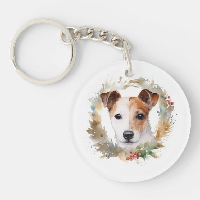 Jack Russell Christmas Wreath Festive Pup  Key Ring (Front)