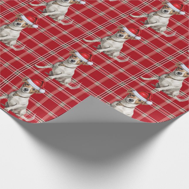 Jack Russell Dog and Holiday Plaid Christmas Wrapping Paper (Corner)