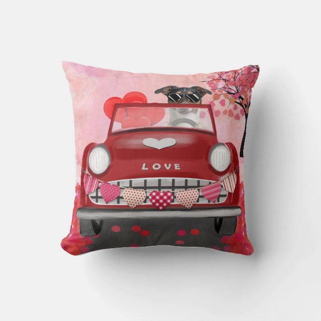 Jack Russell Dog Car with Hearts Valentine's Cushion (Front)