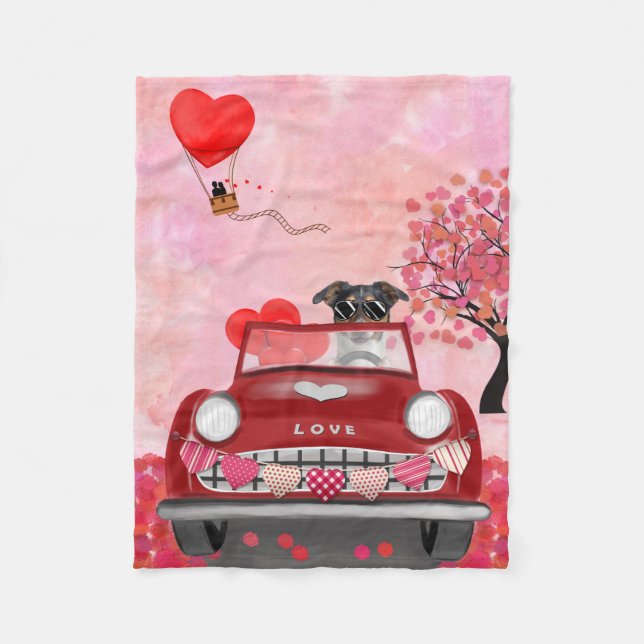 Jack Russell Dog Car with Hearts Valentine's  Fleece Blanket (Front)