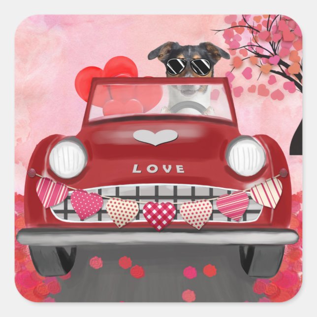Jack Russell Dog Car with Hearts Valentine's  Square Sticker (Front)