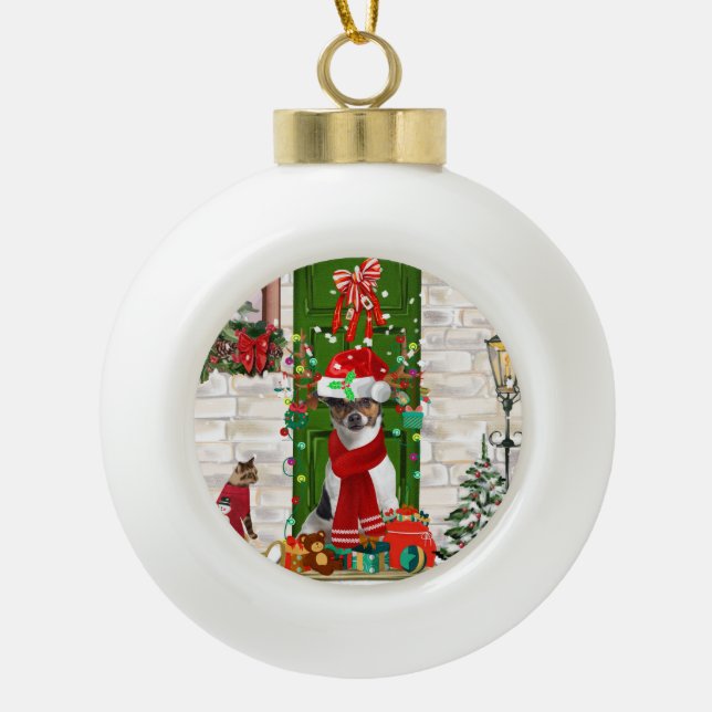 Jack Russell Dog Christmas  Ceramic Ball Christmas Ornament (Front)