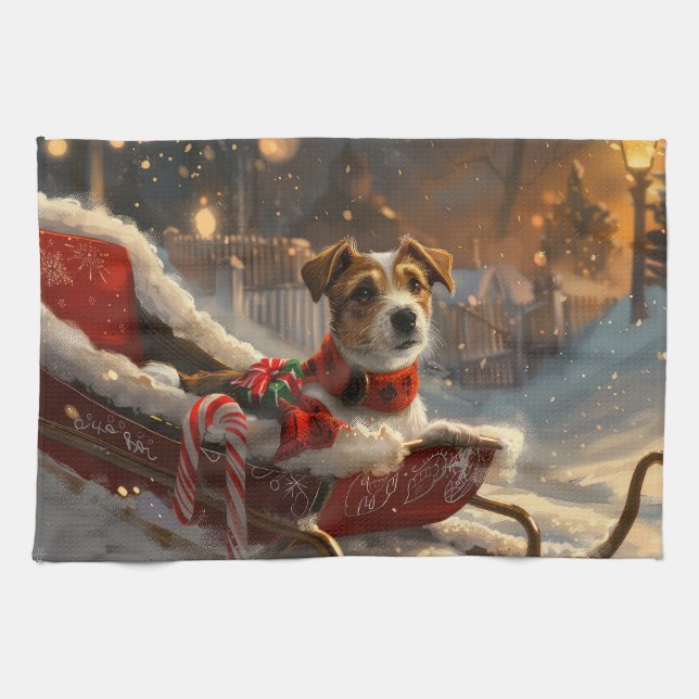 Jack Russell Dog Christmas Festive Tea Towel (Horizontal)