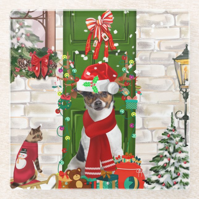 Jack Russell Dog Christmas  Glass Coaster (Front)