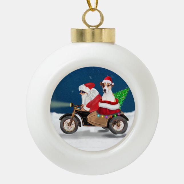 Jack Russell Dog Christmas Santa Claus  Ceramic Ball Christmas Ornament (Front)