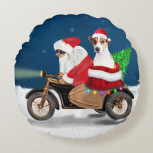 Jack Russell Dog Christmas Santa Claus  Round Cushion