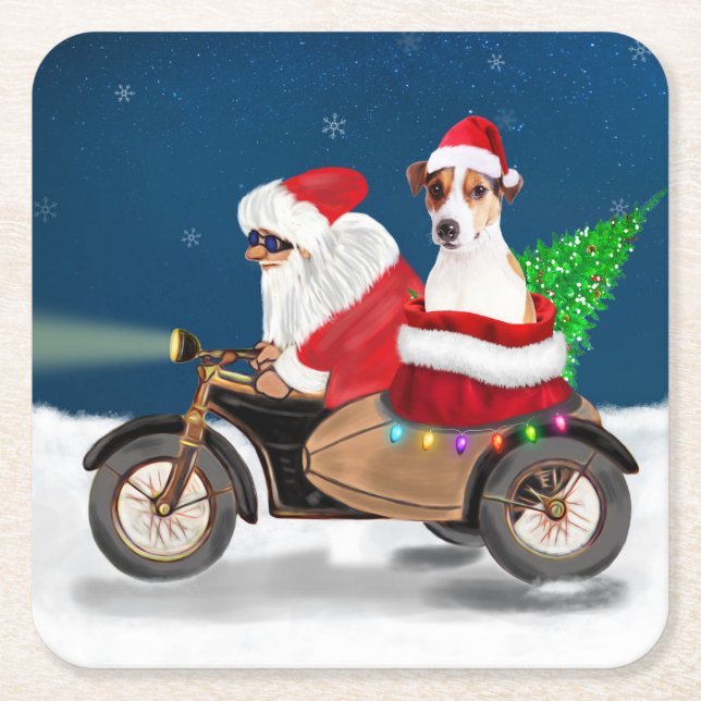Jack Russell Dog Christmas Santa Claus  Square Paper Coaster (Front)