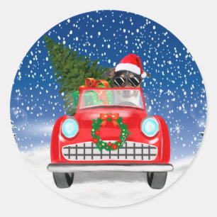 Jack Russell Dog Driving Car In Snow Christmas Classic Round Sticker