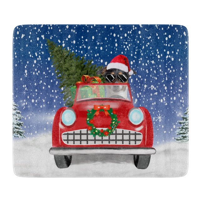 Jack Russell Dog Driving Car In Snow Christmas  Cutting Board (Front)