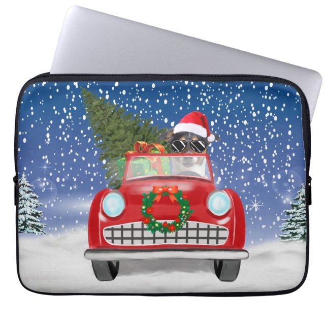 Jack Russell Dog Driving Car In Snow Christmas Laptop Sleeve (Front)