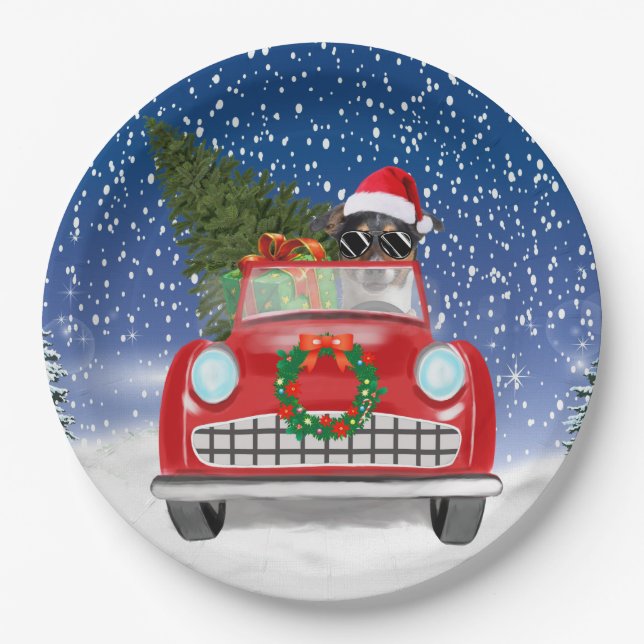 Jack Russell Dog Driving Car In Snow Christmas  Paper Plate (Front)