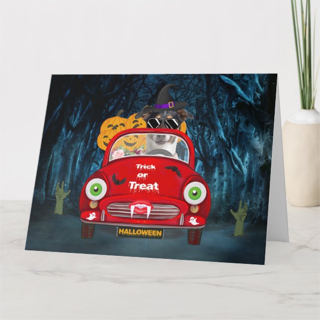 Jack Russell Dog Driving Car Scary Halloween Card (Front)
