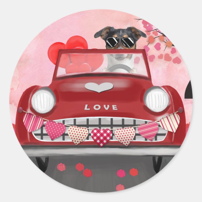 Jack Russell dog driving car Valentine's Day Classic Round Sticker (Front)