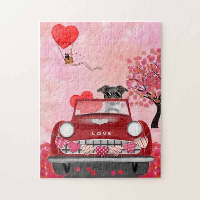 Jack Russell dog driving car Valentine's Day Jigsaw Puzzle (Vertical)