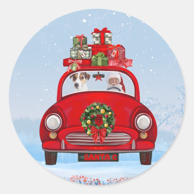 Jack Russell  Dog In Car With Santa Claus Classic Round Sticker (Front)