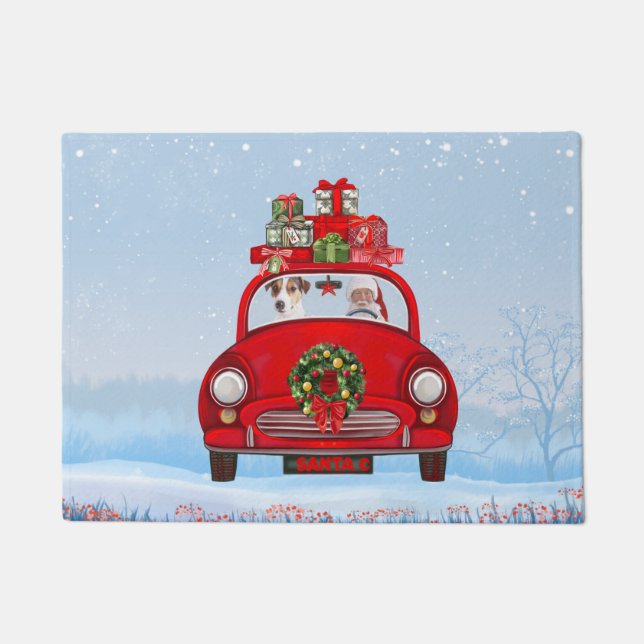 Jack Russell  Dog In Car With Santa Claus  Doormat (Front)