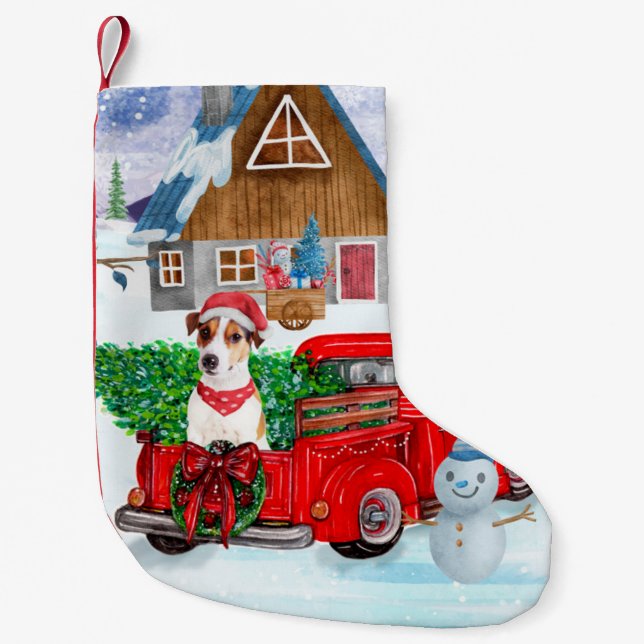 Jack Russell Dog In Christmas Delivery Truck Snow Small Christmas Stocking (Front)