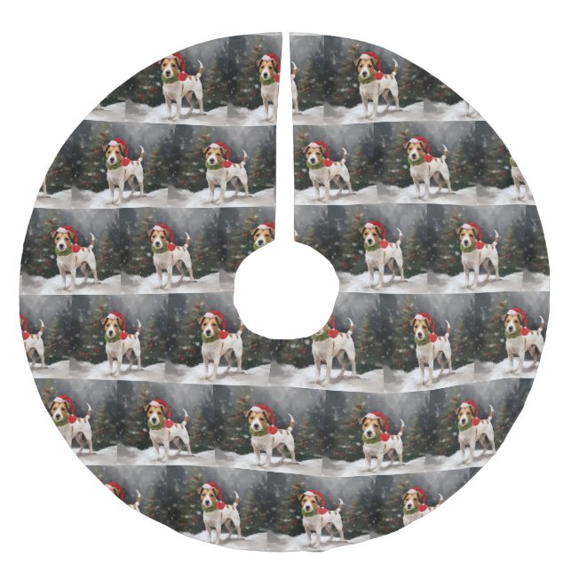 Jack Russell Dog in Snow Christmas Brushed Polyester Tree Skirt (Front)