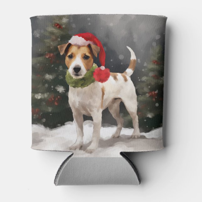 Jack Russell Dog in Snow Christmas Can Cooler (Front)