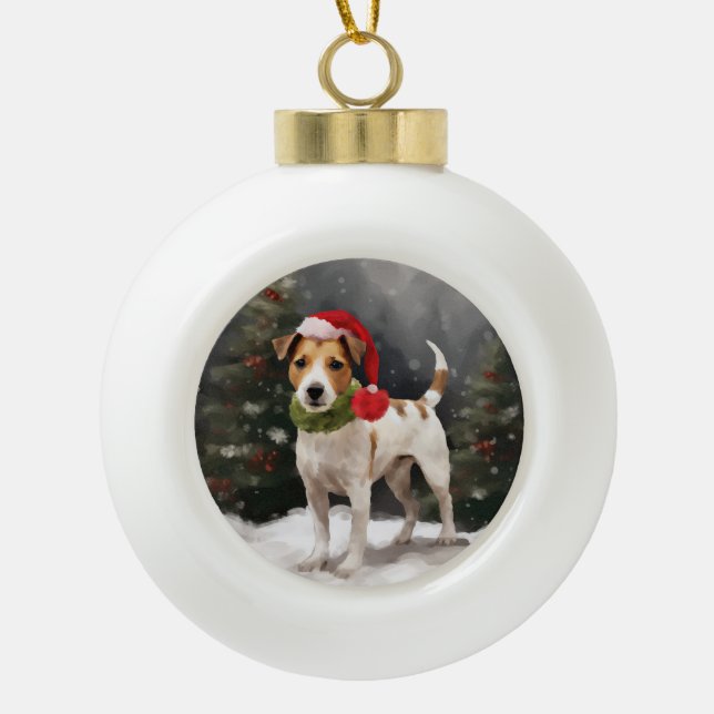 Jack Russell Dog in Snow Christmas Ceramic Ball Christmas Ornament (Front)