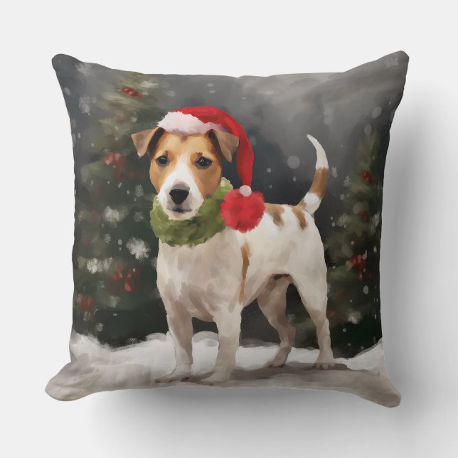 Jack Russell Dog in Snow Christmas Cushion (Front)