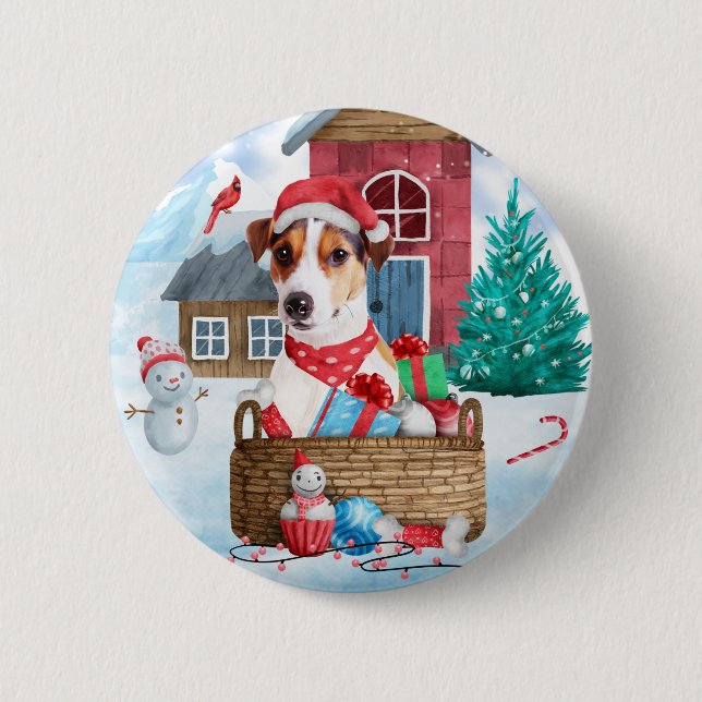Jack Russell Dog In snow Christmas Dog House 6 Cm Round Badge (Front)
