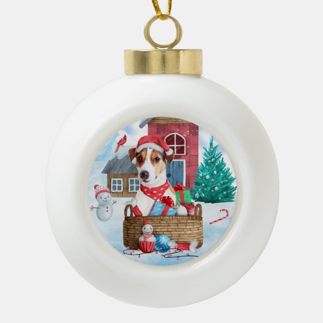 Jack Russell Dog In snow Christmas Dog House Ceramic Ball Christmas Ornament (Front)