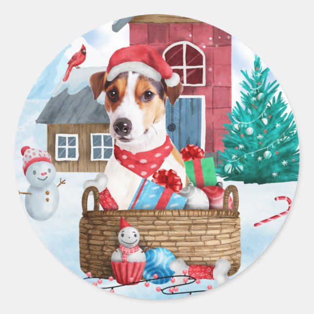 Jack Russell Dog In snow Christmas Dog House Classic Round Sticker (Front)