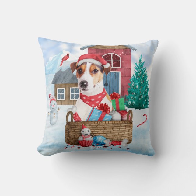Jack Russell Dog In snow Christmas Dog House  Cushion (Front)
