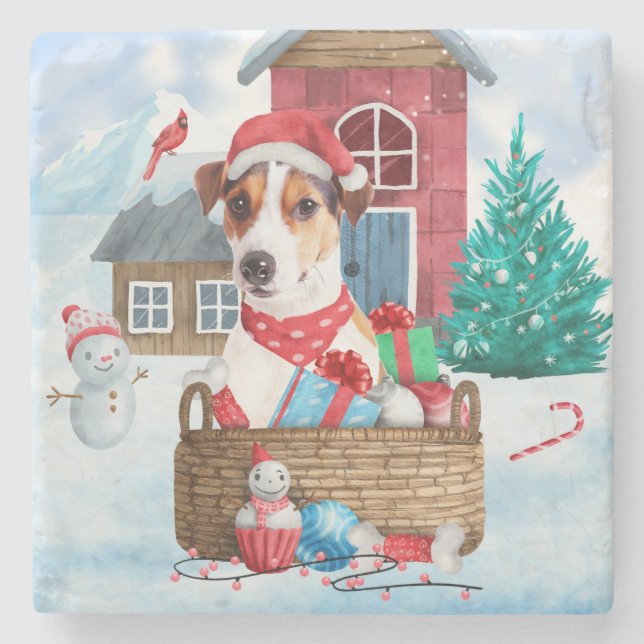 Jack Russell Dog In snow Christmas Dog House Stone Coaster (Front)