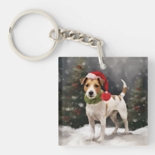 Jack Russell Dog in Snow Christmas Key Ring