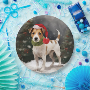 Jack Russell Dog in Snow Christmas Paper Plate