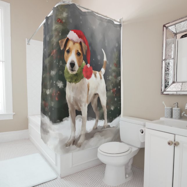Jack Russell Dog in Snow Christmas Shower Curtain (In Situ)