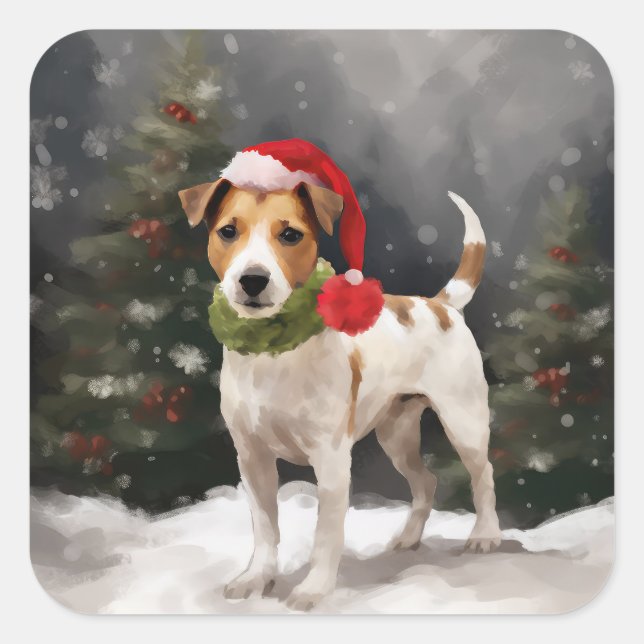 Jack Russell Dog in Snow Christmas Square Sticker (Front)