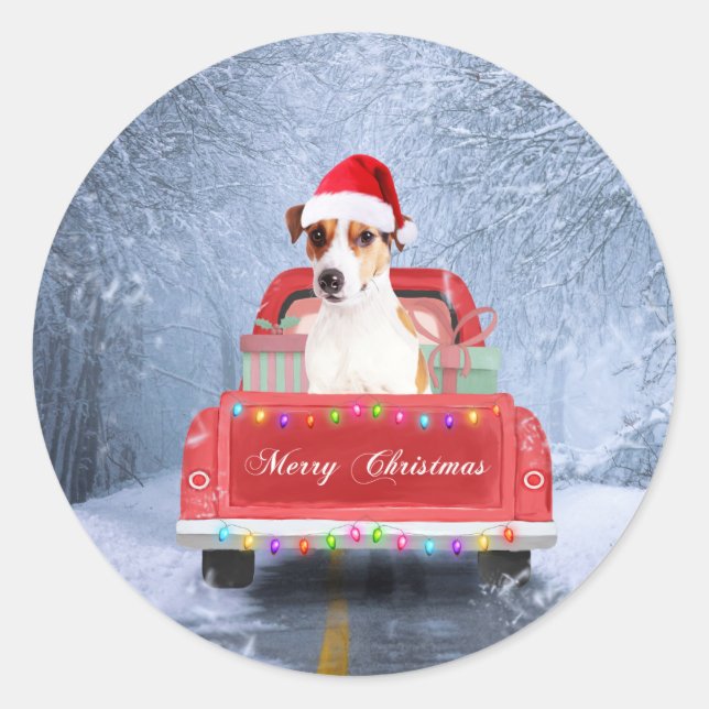 Jack Russell Dog in Snow sitting in Christmas Classic Round Sticker (Front)