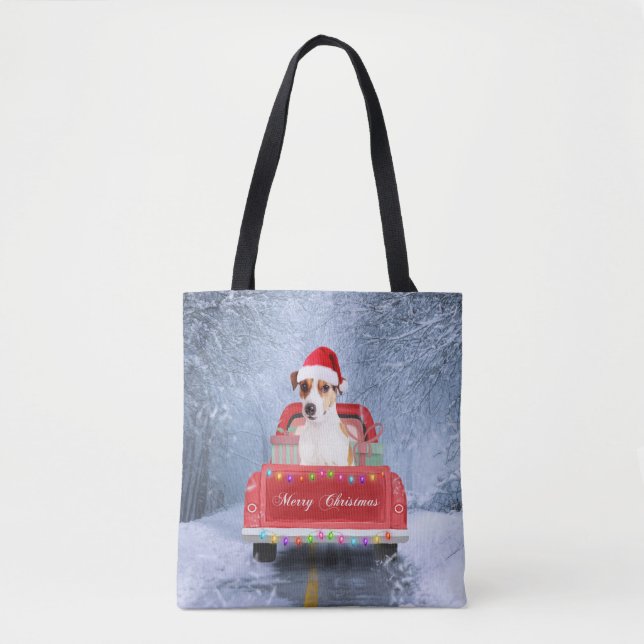 Jack Russell Dog in Snow sitting in Christmas  Tote Bag (Front)