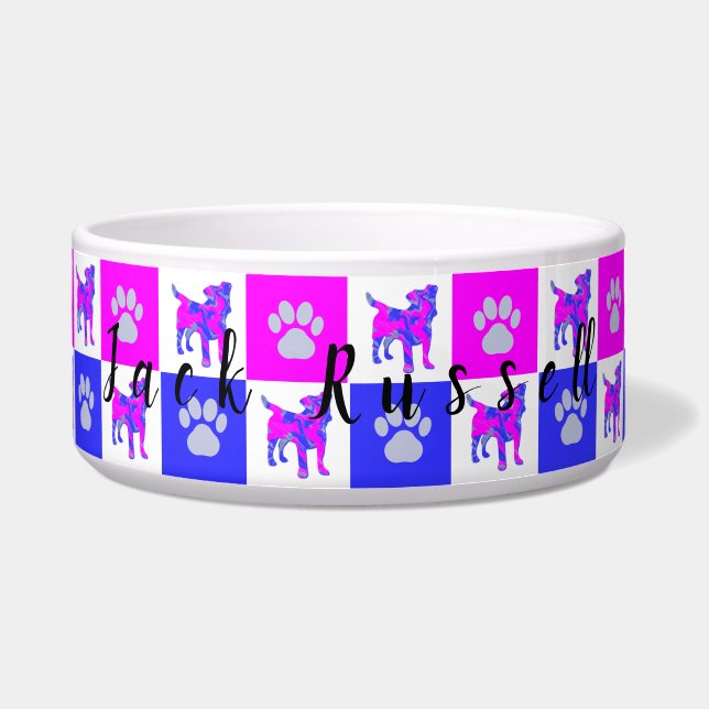 Jack Russell Dog & Paw Hot Pink & Blue Pet Bowl (Front)