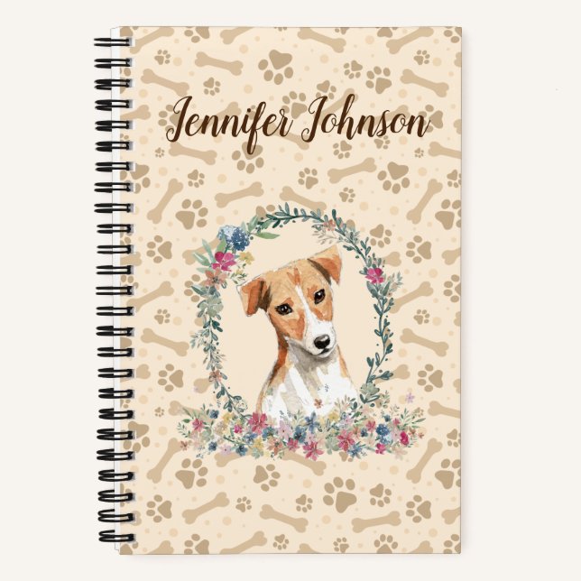 Jack Russell Dog Paw Print & Floral Cute Notebook (Front)