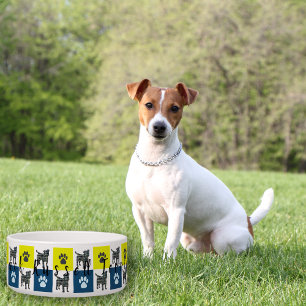 Jack Russell Dog & Paw Yellow & Blue Grid Dog Bowl