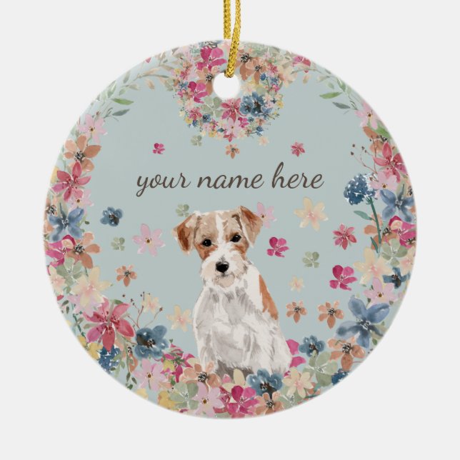 Jack Russell Dog Puppy Flower circle frame Ceramic Tree Decoration (Front)
