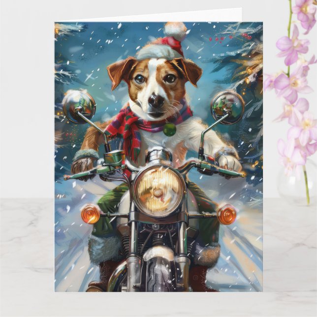 Jack Russell Dog Riding Motorcycle Christmas  Card (Orchid)
