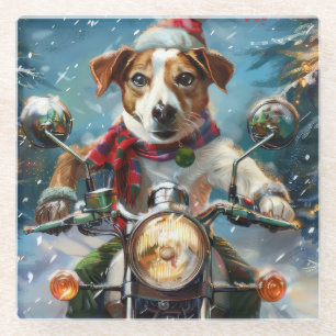 Jack Russell Dog Riding Motorcycle Christmas  Glass Coaster