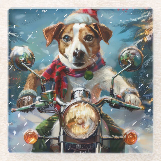 Jack Russell Dog Riding Motorcycle Christmas  Glass Coaster (Front)