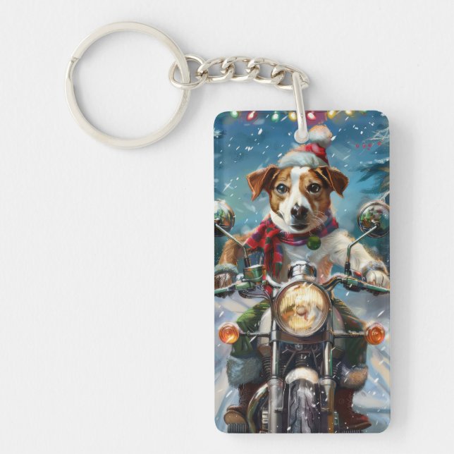 Jack Russell Dog Riding Motorcycle Christmas  Key Ring (Front)