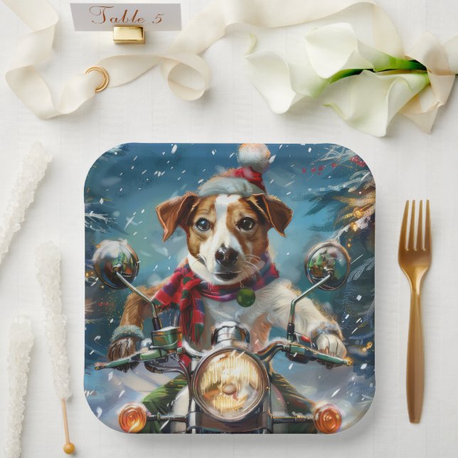 Jack Russell Dog Riding Motorcycle Christmas  Paper Plate (Wedding)