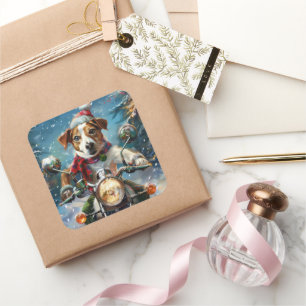 Jack Russell Dog Riding Motorcycle Christmas  Square Sticker