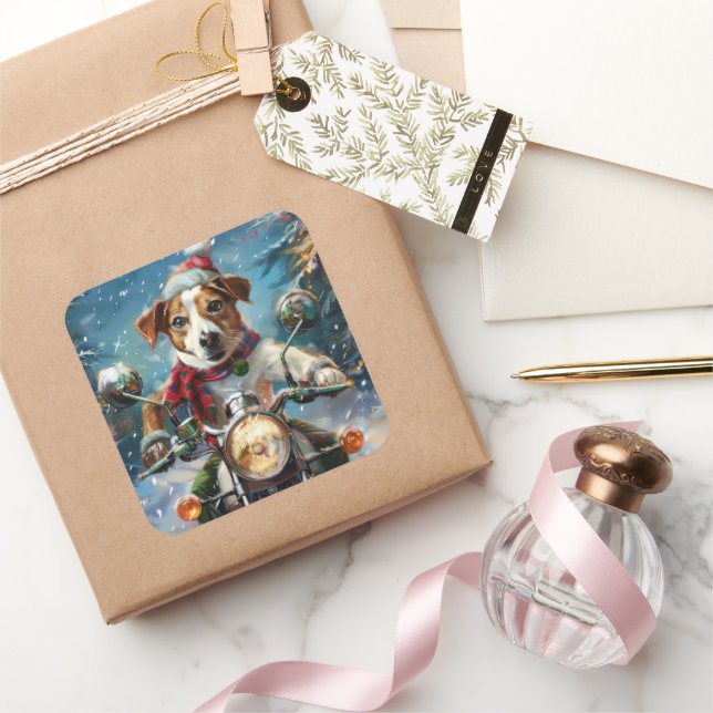 Jack Russell Dog Riding Motorcycle Christmas  Square Sticker (Gifting)