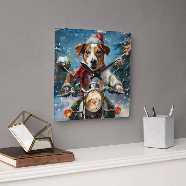 Jack Russell Dog Riding Motorcycle Christmas  Square Wall Clock (Office)
