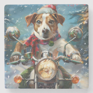 Jack Russell Dog Riding Motorcycle Christmas  Stone Coaster